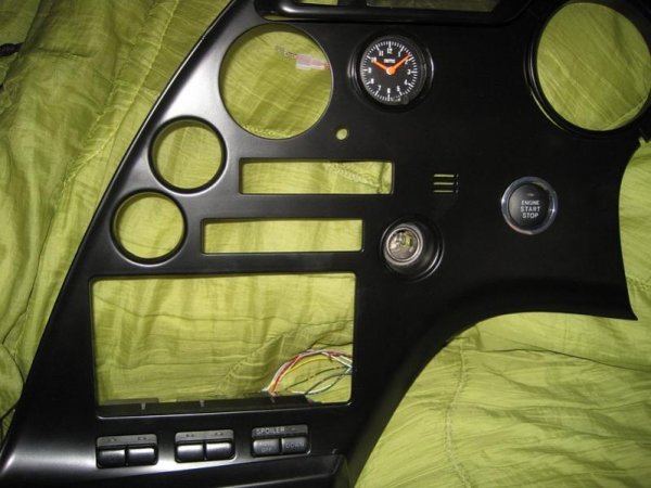 Dash left, with Smiths clock, (hands painted fluoro red to match OEM gauges, engine start button (now changed for Honda S2000 button) and seat heater switches for rear fog light, Angel Eyes, water/meth and HHO functions.